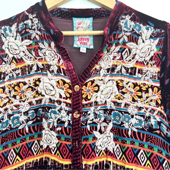 JOHNNY WAS Hania Velvet Burgundy w Multicolor Embroidery Tunic Mini Dress Sz XS - Picture 3 of 16